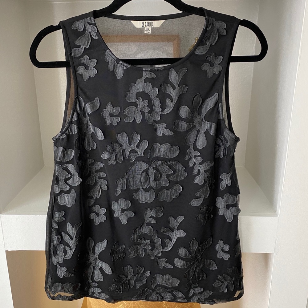 BB DAKOTA Black Faux Leather Floral Mesh Tank Top
